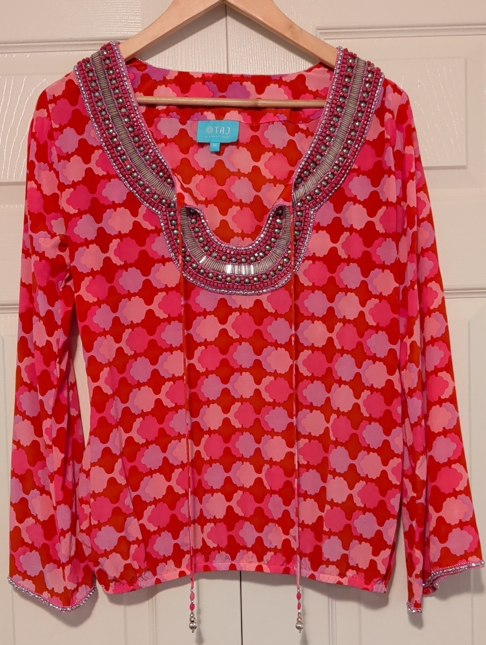 TAJ by Sabrina Crippa Pink and Red Beaded Long Sleeve Top Silk